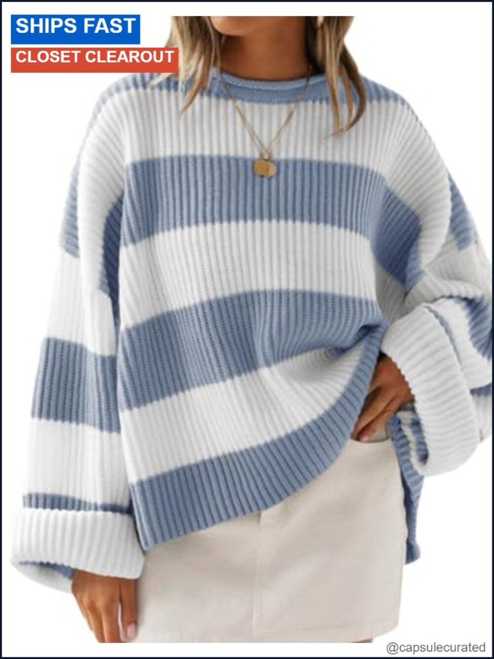 Oversized Striped Knit Pullover Sweater Flared Long Sleeve Fall Winter